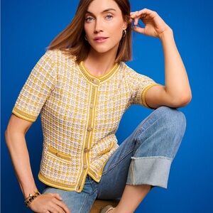 Talbots SHORT SLEEVE CARDIGAN TEXTURE PLAID Sz L Knit Blazer